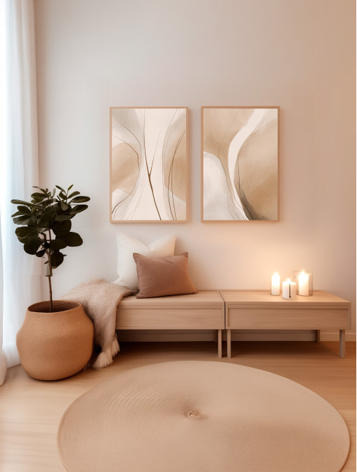 Beige Abstract Line Art Set of 2
